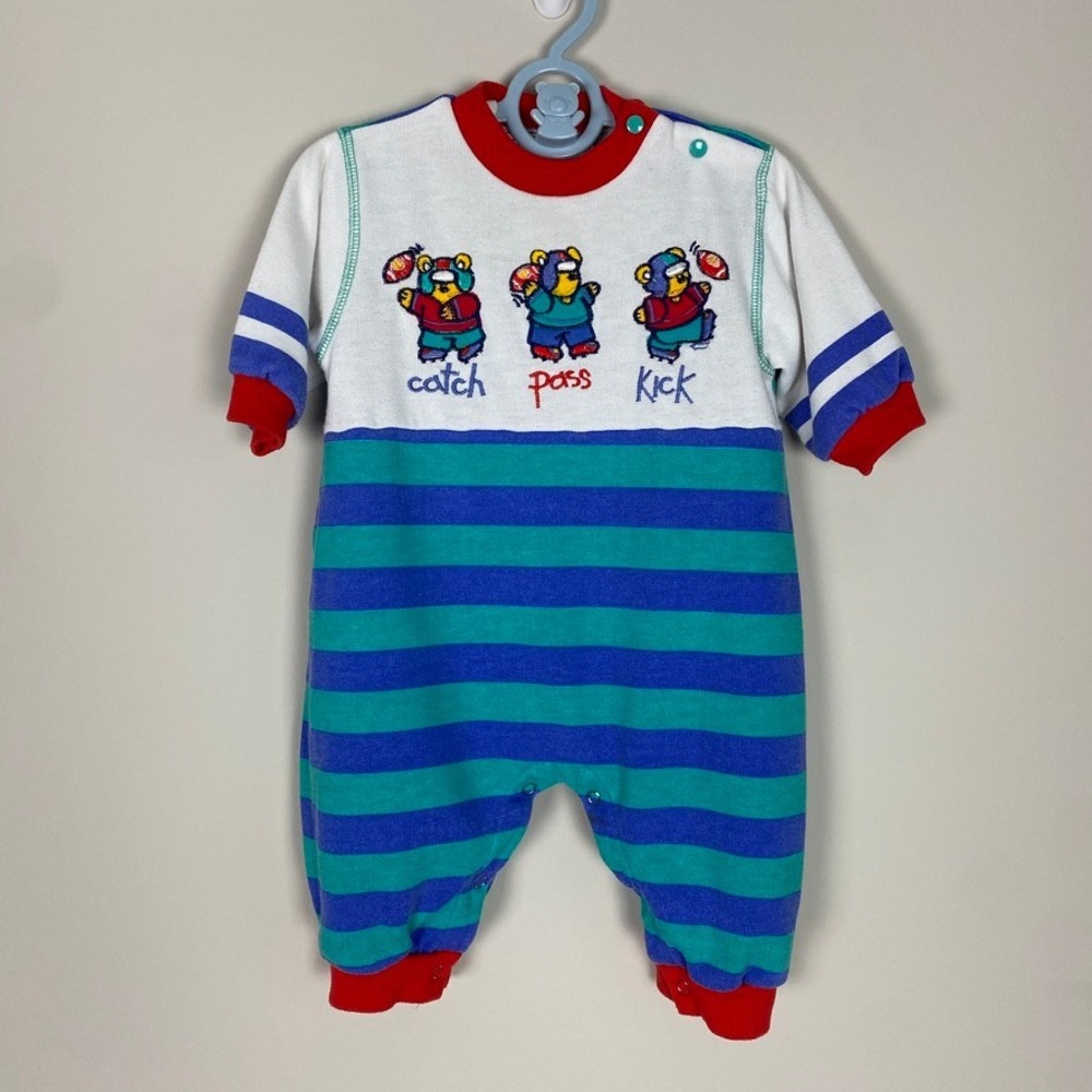 Vintage Doe Spun Bear Sports Romper Baby 6 Months Blue Striped Embroidered